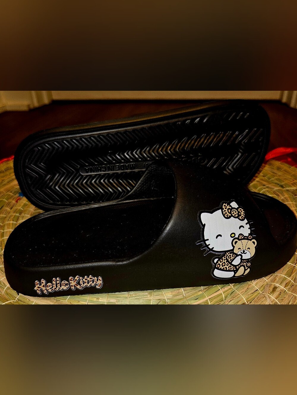 Hello Kitty Black Slides with Leopard-Print Accents